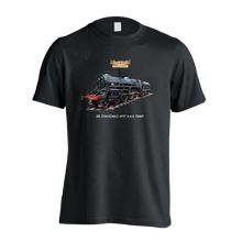 Load image into Gallery viewer, Display your love for a star of our home fleet, BR Standard 4MT 4-6-0 with a classic fit t-shirt featuring the locomotive itself. Made bespoke for The Severn Valley Railway, this t-shirt is 100% cotton.Display your love for a star of our home fleet, BR Standard 4MT 4-6-0 with a classic fit black t-shirt featuring the locomotive itself. Made bespoke for The Severn Valley Railway, this t-shirt is 100% cotton.