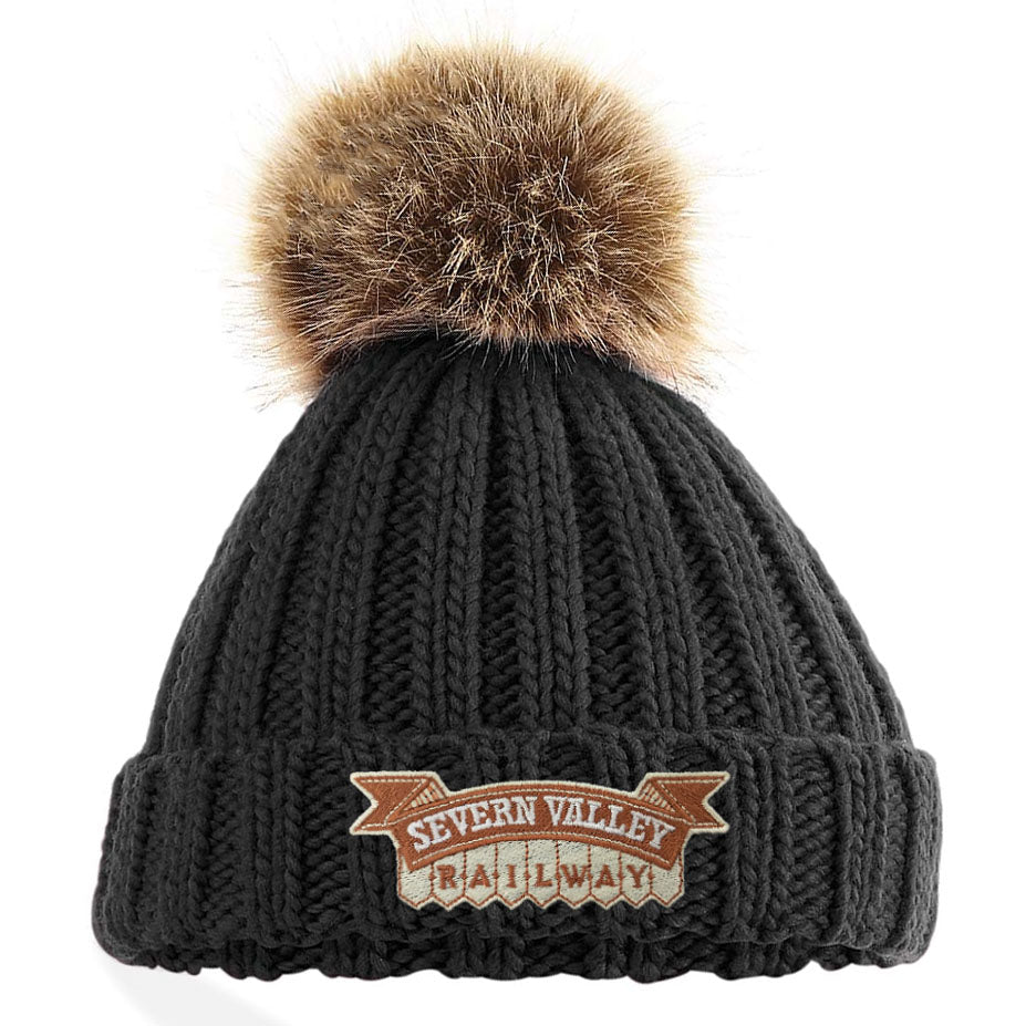 SVR Logo Kids Faux Fur Chunky Pom Pom Beanie Bobble Hat