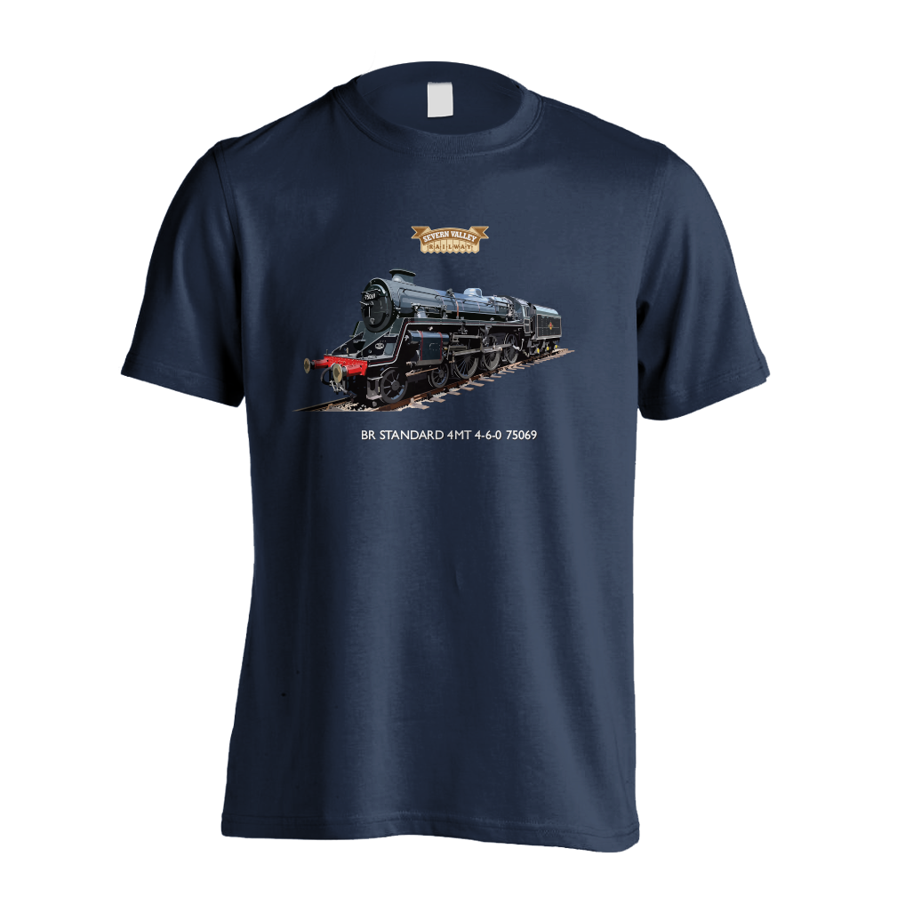Display your love for a star of our home fleet, BR Standard 4MT 4-6-0 with a classic fit navy blue t-shirt featuring the locomotive itself.  Made bespoke for The Severn Valley Railway, this t-shirt is 100% cotton.