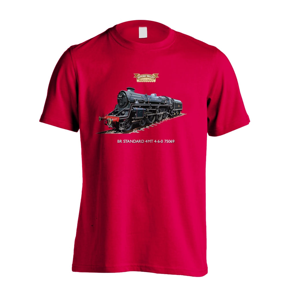 Display your love for a star of our home fleet, BR Standard 4MT 4-6-0 with a classic fit red t-shirt featuring the locomotive itself.  Made bespoke for The Severn Valley Railway, this t-shirt is 100% cotton.